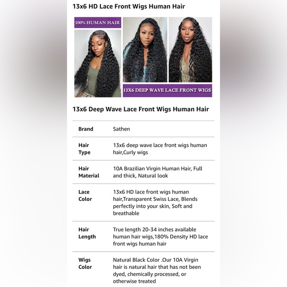 HUMAN HAIR 13x6 Deep Wave Lace Front 24” Wig 180% Density Glueless Natural Color - Picture 7 of 16